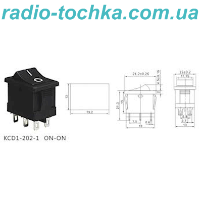 Перемикач 2гр.(6pin) KCD1-202-1 15x21(13x19) 6A 250VAC