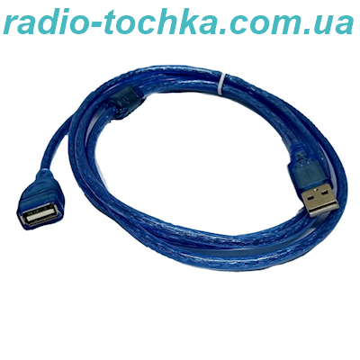 Шнур шт.USB x гн.USB 1.8м з феритовим фільтром синiй прозорий